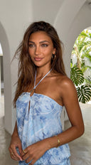 Mireluna Tie Dye Floral Halter Mini Dress - Blue Multi