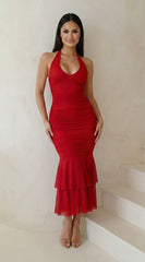 Nerisse Halter Midi Dress - Red