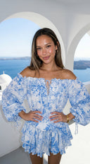 Bahama Floral Off Shoulder Ruffle Mini Dress in Blue stitching and texture close-up hemline and silhouette d additional angle