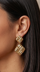 Gold Plated Striped Square Drop Earrings -  Gold