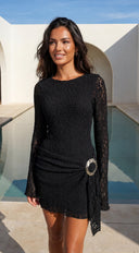 Cirella Lace Long Sleeve Mini Dress in Black close-up of neckline and shoulder detail
