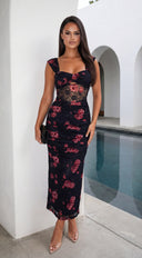 Cerelise Floral Lace Ruched Maxi Dress - Navy Blue