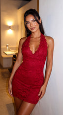 Sevaya Lace Halter Mini Dress - Burgundy
