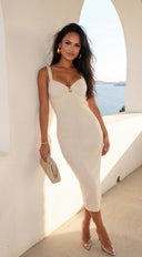 Veroniqa Ribbed Knit Sweetheart Midi Dress - Beige
