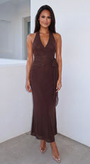 Helena Halter Wrap Maxi Dress - Brown