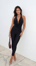 Selena Cowl Halter Capri Jumpsuit - Black