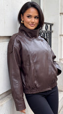 Dresden Faux Leather Moto Bomber Jacket - Brown