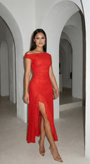 Ascent Off Shoulder Maxi Dress in Red full length three-quarter angle