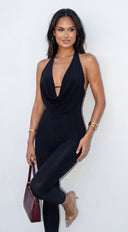 Selena Cowl Halter Capri Jumpsuit - Black