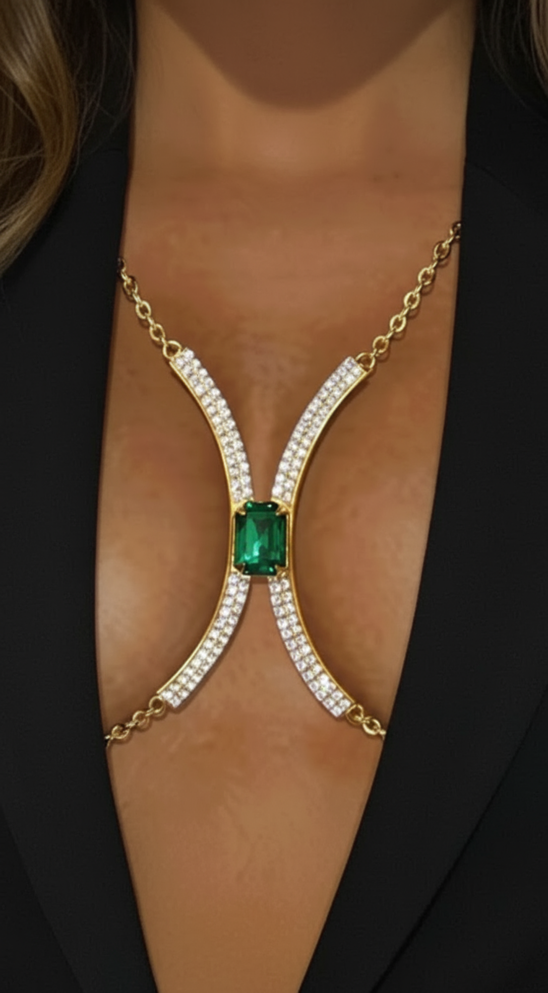 Elara Crystal Green Gem Bra Chain - Gold