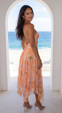 Esperalia Floral Halter Asymmetric Midi Dress - Orange Multi