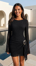 Cirella Lace Long Sleeve Mini Dress in Black hemline and silhouette detail