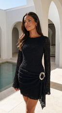 Cirella Lace Long Sleeve Mini Dress in Black stitching and texture close-up hemline and silhouette detail