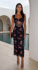 Cerelise Floral Lace Ruched Maxi Dress - Navy Blue