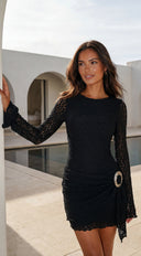 Cirella Lace Long Sleeve Mini Dress in Black full length front view on model