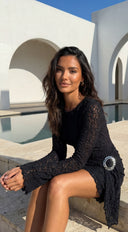 Cirella Lace Long Sleeve Mini Dress in Black full length three-quarter angle