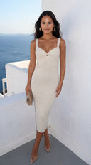 Veroniqa Ribbed Knit Sweetheart Midi Dress - Beige