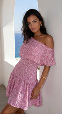 Posevia Ditsy Floral Off Shoulder Mini Dress - Pink