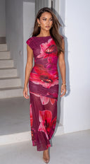 Vica Floral Mesh Maxi Dress - Pink Multi