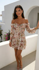 Sorrento Garden Floral Off Shoulder Ruffle Mini Dress - Beige Multi