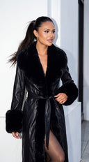 Ravessa Long Faux Leather Fur Trim Coat - Black