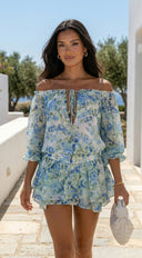 Cyrene Floral Off-Shoulder Mini Dress in Shoulder Mini Dress - Floral Green close-up of floral print