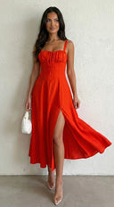 Camden Corset Side Slit Midi Dress in Red close-up of corset boning