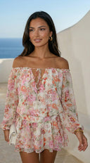 Cyrene Floral Off-Shoulder Mini Dress in Shoulder Mini Dress - Floral Pink hemline and edge detail hemline and silhouette