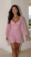 Nerano Lace Ruffle Asymmetric Mini Dress - Pink