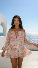 Cyrene Floral Off-Shoulder Mini Dress in Shoulder Mini Dress - Floral Pink full length front view on model