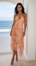 Esperalia Floral Halter Asymmetric Midi Dress - Orange Multi