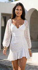 Nerano Lace Ruffle Asymmetric Mini Dress in White embellishment and trim close-up