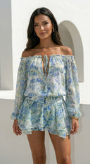 Cyrene Floral Off-Shoulder Mini Dress in Shoulder Mini Dress - Floral Green hemline and edge detail hemline and