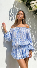 Bahama Floral Off Shoulder Ruffle Mini Dress in Blue embellishment and trim close-up
