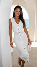 Dominique Button Knit Midi Dress in Off White side profile view on model