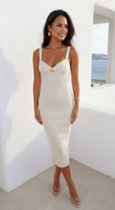 Veroniqa Ribbed Knit Sweetheart Midi Dress - Beige