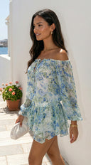 Cyrene Floral Off-Shoulder Mini Dress in Shoulder Mini Dress - Floral Green stitching and texture close-up h additional angle