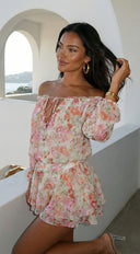 Cyrene Floral Off-Shoulder Mini Dress in Shoulder Mini Dress - Floral Pink detail shot of stitching and fini additional angle