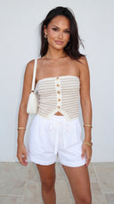 Riviera Stripe Button Tube Top - Beige