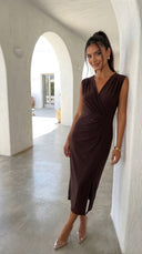 Seralya V Neck Surplice Pleated Midi Dress - Brown