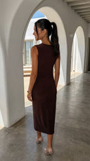 Seralya V Neck Surplice Pleated Midi Dress - Brown