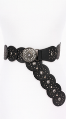 Vanna Silver Disc Faux Leather Boho Western Waist Belt - Black