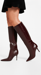 Isolde Croc-Embossed High Heel Boots - Burgundy