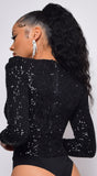 All Shine Black Long Sleeve Sequin Bodysuit