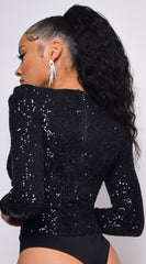 All Shine Black Long Sleeve Sequin Bodysuit
