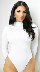 Annisa Mock Neck Rhinestone Bodysuit - White