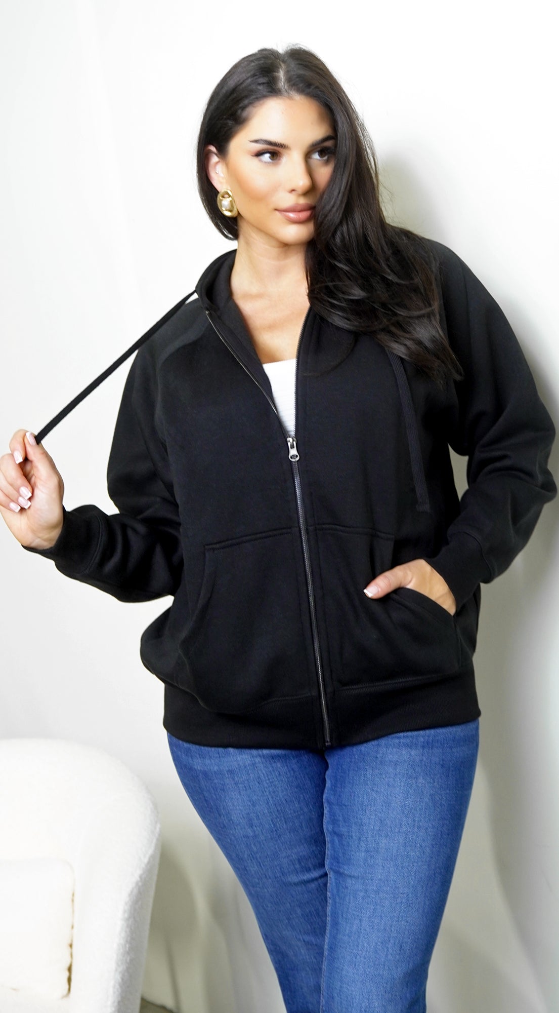 Off Duty Zip Up Boyfriend Hoodie - Black