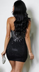 Aeliana High Neck Rhinestone Mini Dress - Black