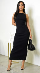 Venus Boat Neck Ribbed Midi Dress - Black