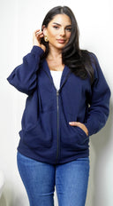 Off Duty Zip Up Boyfriend Hoodie in Navy close-up of fabric and construction